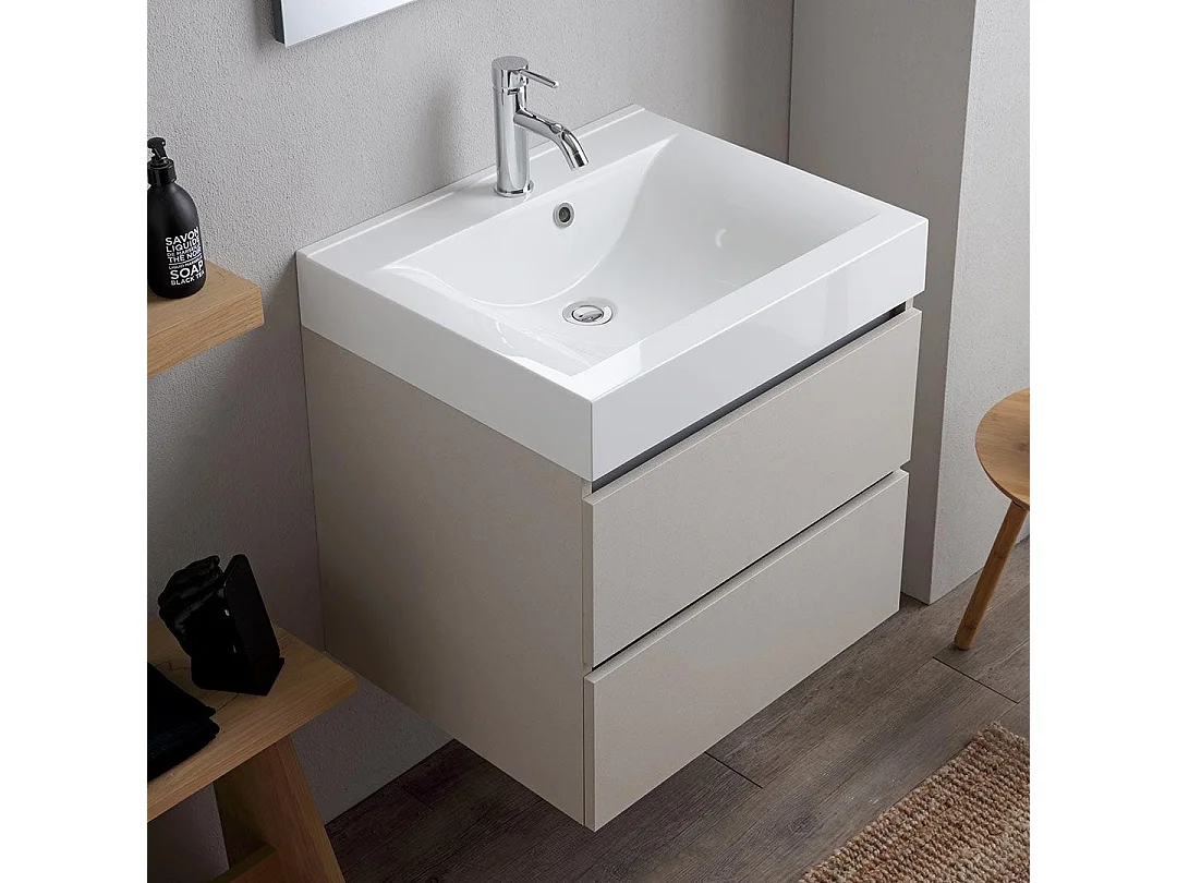 Meuble De Salle De Bains 60Cm 2 Tiroirs Gris Perle Avec Lavabo En Résine Et Miroir | Valentina
