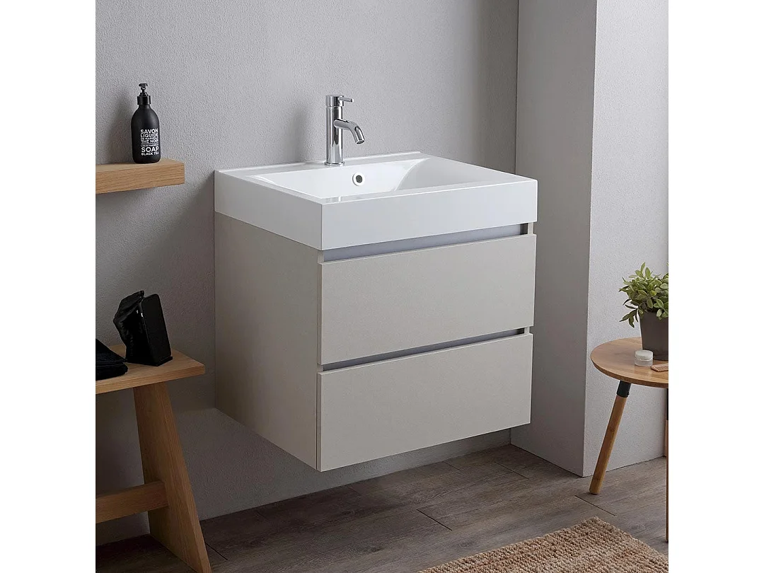 Meuble De Salle De Bain 60Cm 2 Tiroirs Gris Perle Avec Lavabo | Valentina