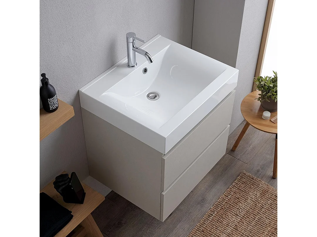 Meuble De Salle De Bain 60Cm 2 Tiroirs Gris Perle Avec Lavabo | Valentina