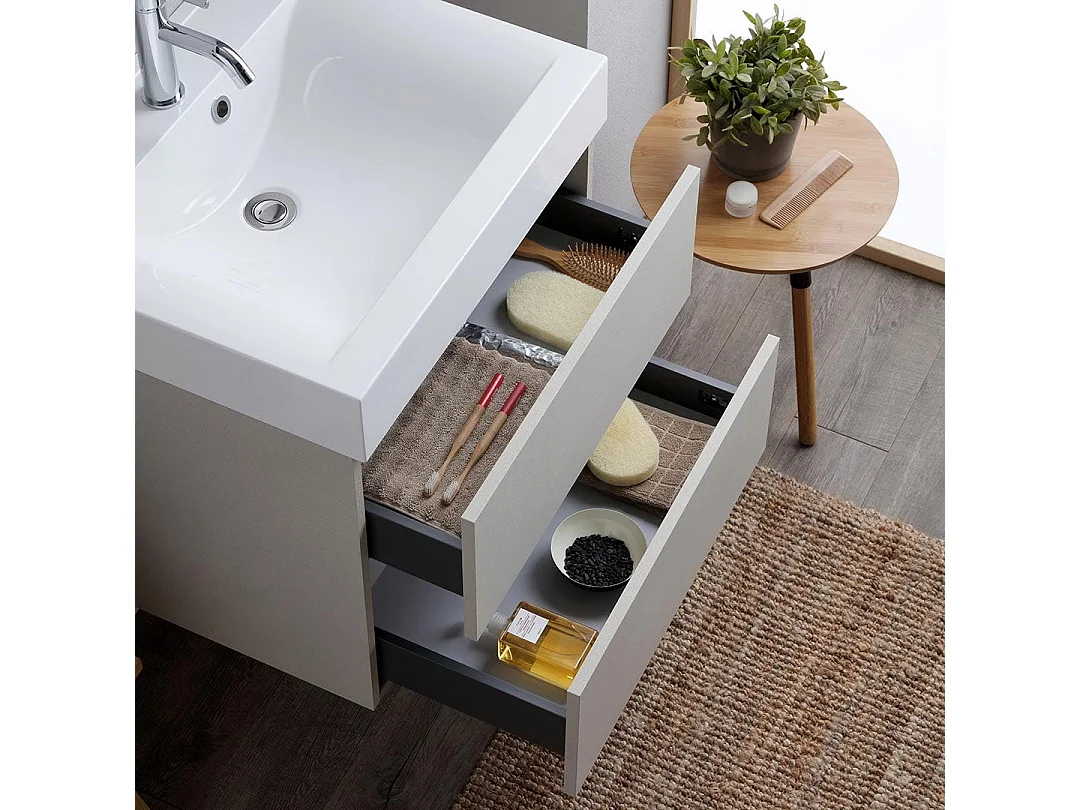 Meuble De Salle De Bain 60Cm 2 Tiroirs Gris Perle Avec Lavabo | Valentina