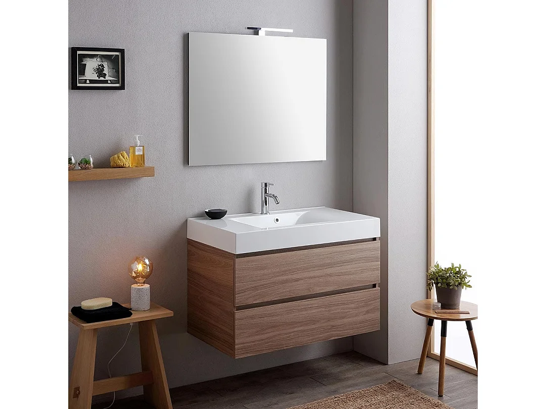 Meuble De Salle De Bains 90Cm Chêne Naturel Avec Lavabo Blanc Et Miroir | Valentina