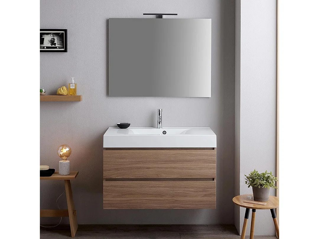 Meuble De Salle De Bains 90Cm Chêne Naturel Avec Lavabo Blanc Et Miroir | Valentina