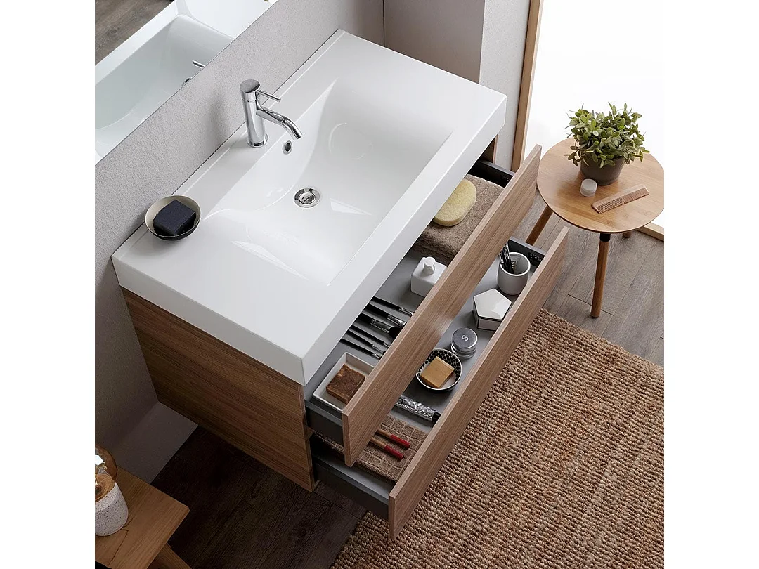 Meuble De Salle De Bains 90Cm Chêne Naturel Avec Lavabo Blanc Et Miroir | Valentina