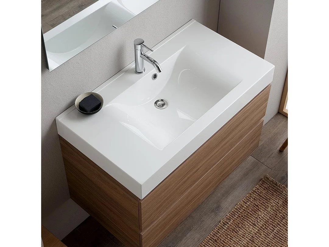 Meuble De Salle De Bains 90Cm Chêne Naturel Avec Lavabo Blanc Et Miroir | Valentina
