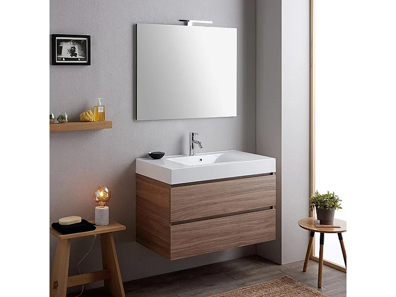 Meuble De Salle De Bains 90Cm Chêne Naturel Avec Lavabo Blanc Et Miroir | Valentina