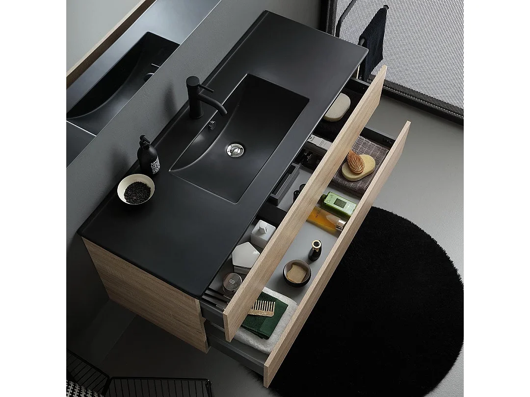 Meuble Salle De Bain 120Cm Chêne Avec Lavabo Noir Mat | Berlin