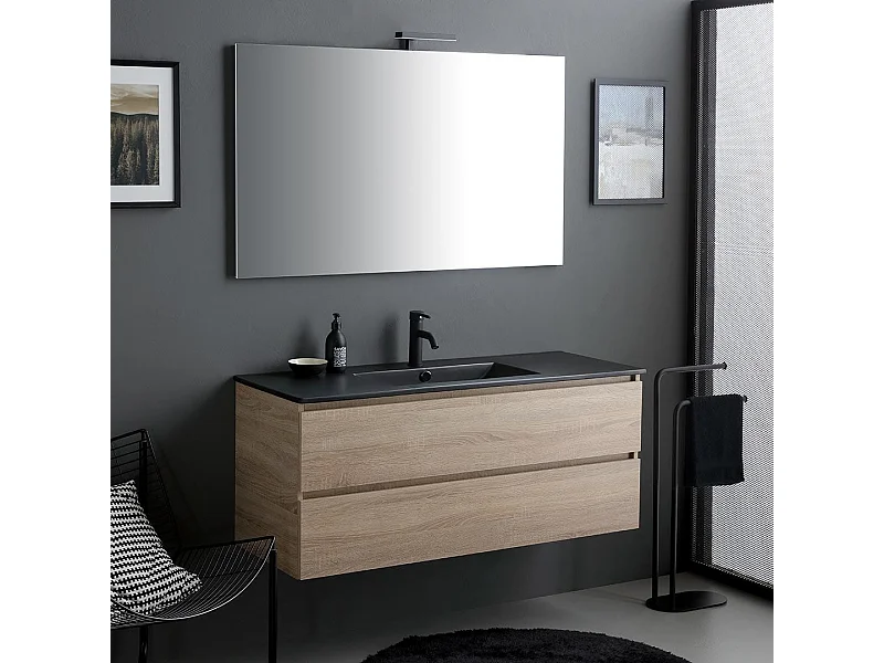 Meuble Salle De Bain 120Cm Chêne Avec Lavabo Noir Mat | Berlin