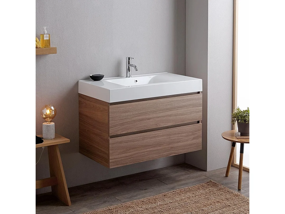 Meuble De Salle De Bain 90 Cm Chêne Naturel Avec Lavabo Blanc | Valentina