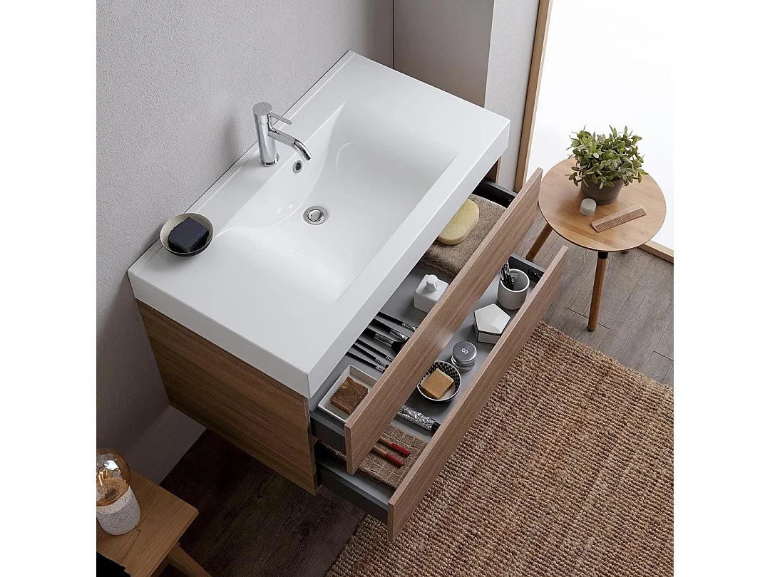 Meuble De Salle De Bain 90 Cm Chêne Naturel Avec Lavabo Blanc | Valentina