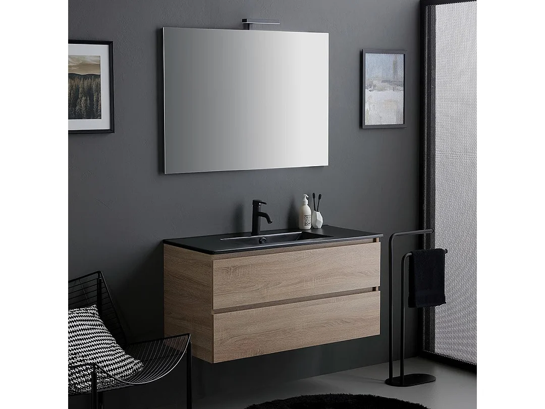 Meuble Salle De Bains 100Cm Chêne Avec Lavabo Noir Mat Et Miroir Avec Lampe | Berlin