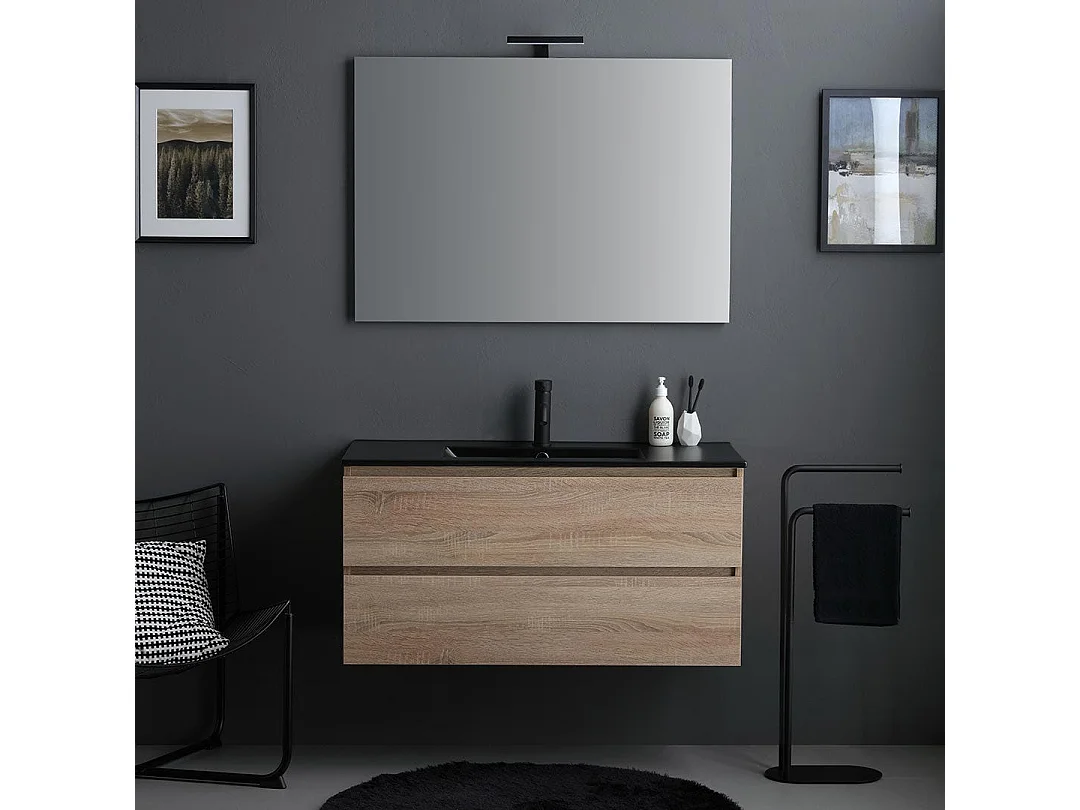 Meuble Salle De Bains 100Cm Chêne Avec Lavabo Noir Mat Et Miroir Avec Lampe | Berlin