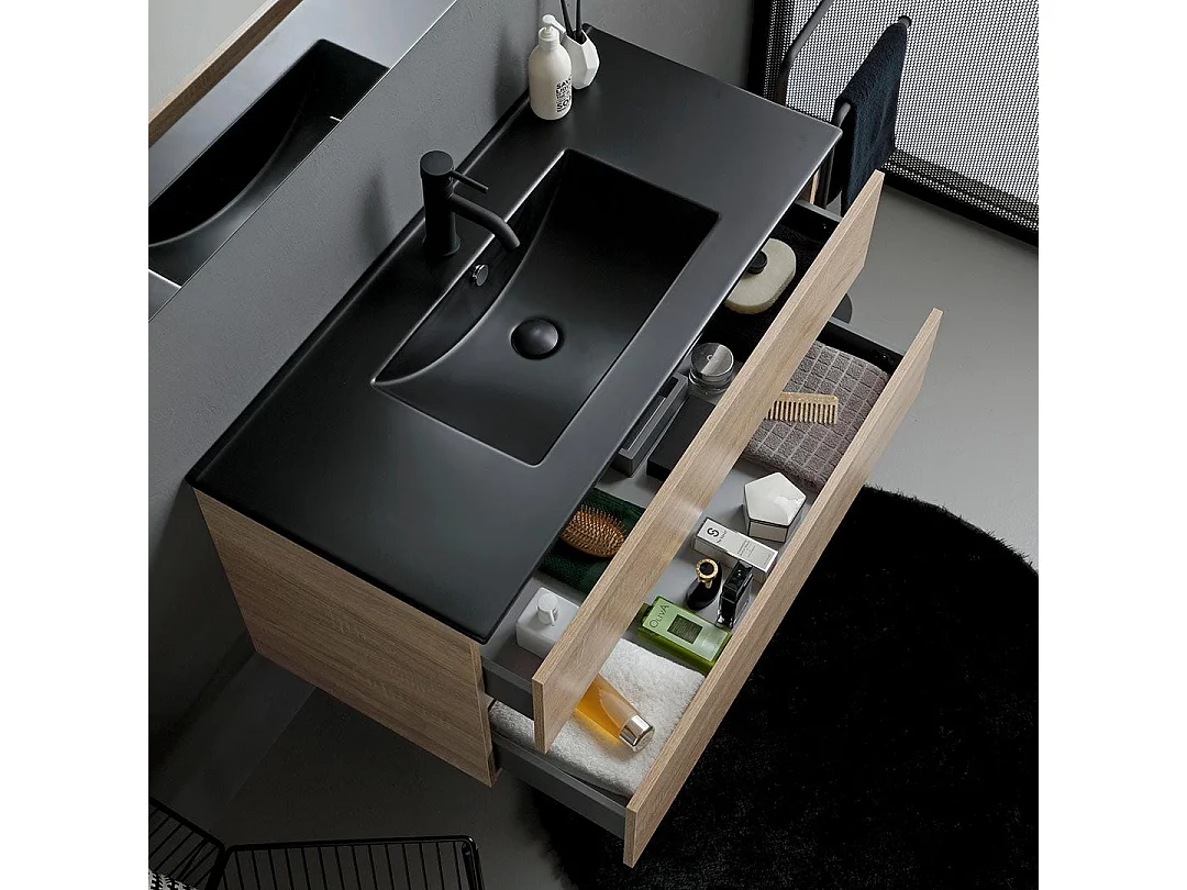 Meuble Salle De Bains 100Cm Chêne Avec Lavabo Noir Mat Et Miroir Avec Lampe | Berlin