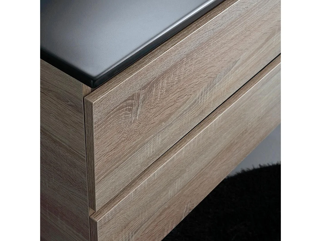 Meuble Salle De Bains 100Cm Chêne Avec Lavabo Noir Mat Et Miroir Avec Lampe | Berlin