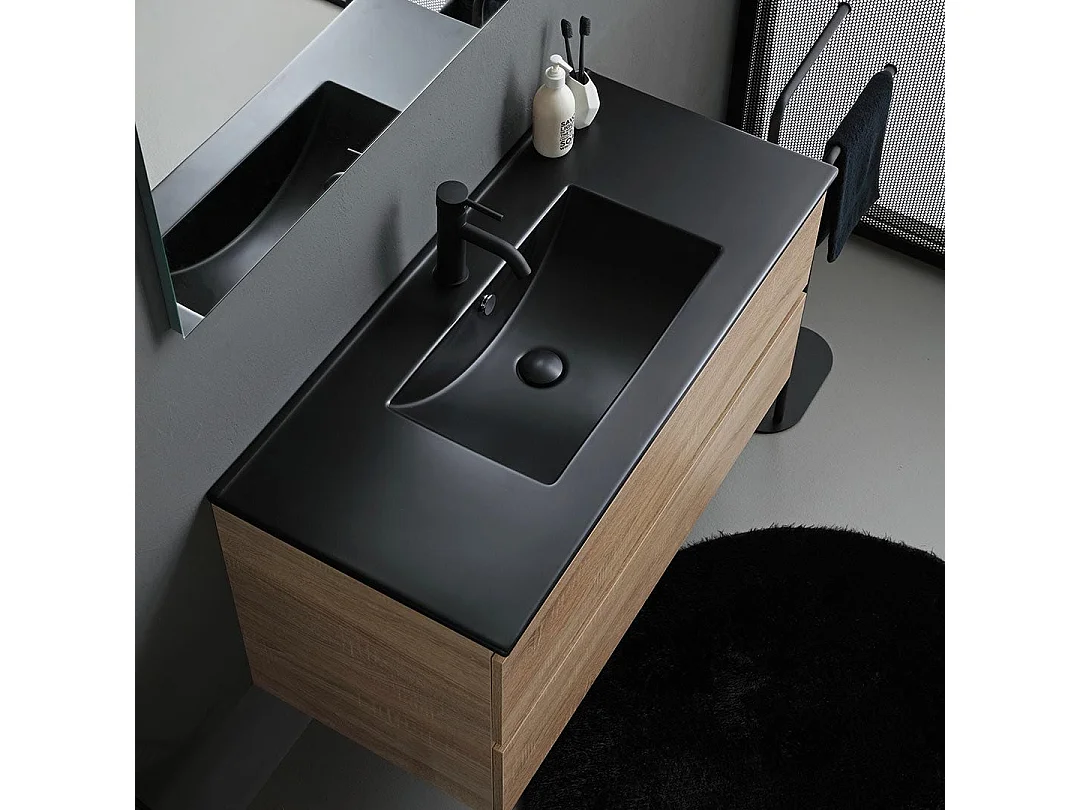 Meuble Salle De Bains 100Cm Chêne Avec Lavabo Noir Mat Et Miroir Avec Lampe | Berlin