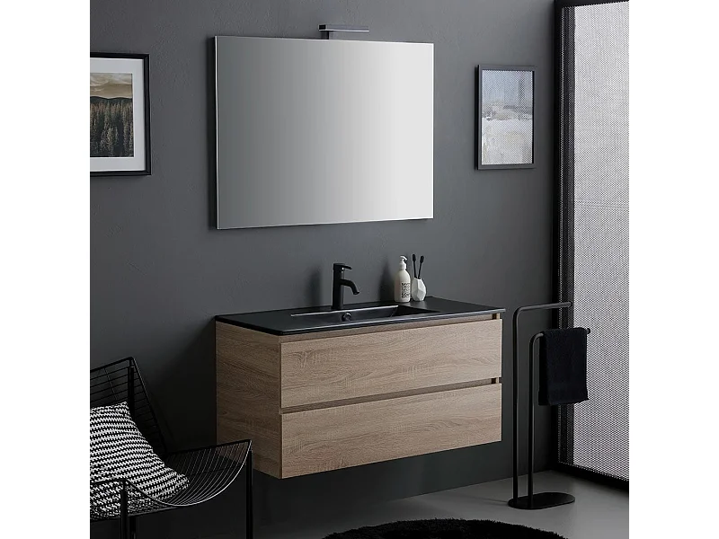 Meuble Salle De Bains 100Cm Chêne Avec Lavabo Noir Mat Et Miroir Avec Lampe | Berlin