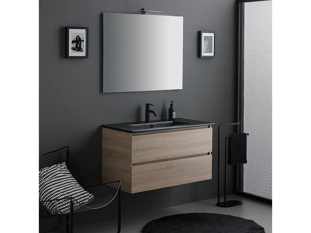 Meuble De Salle De Bains 90Cm 2 Tiroirs Chêne Avec Lavabo Noir, Miroir 90X70 Et Lampe | Berlin
