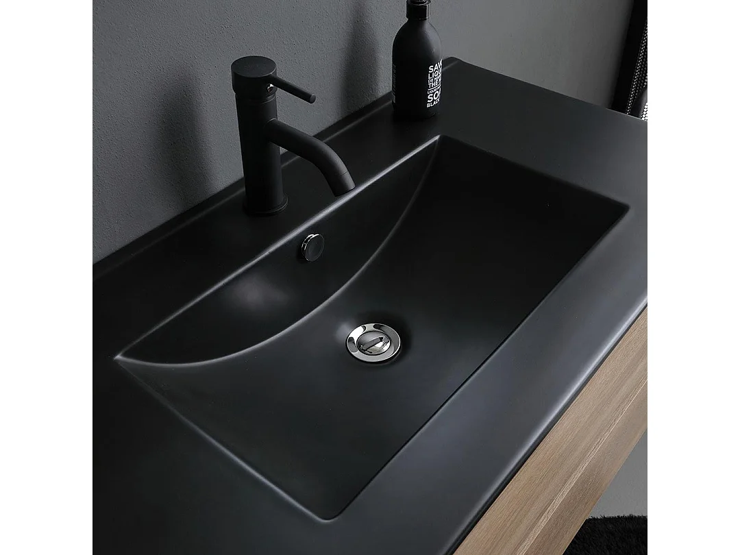 Meuble De Salle De Bains 90Cm 2 Tiroirs Chêne Avec Lavabo Noir, Miroir 90X70 Et Lampe | Berlin