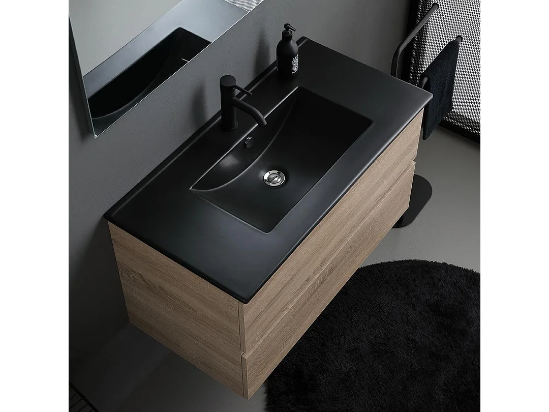 Meuble De Salle De Bains 90Cm 2 Tiroirs Chêne Avec Lavabo Noir, Miroir 90X70 Et Lampe | Berlin