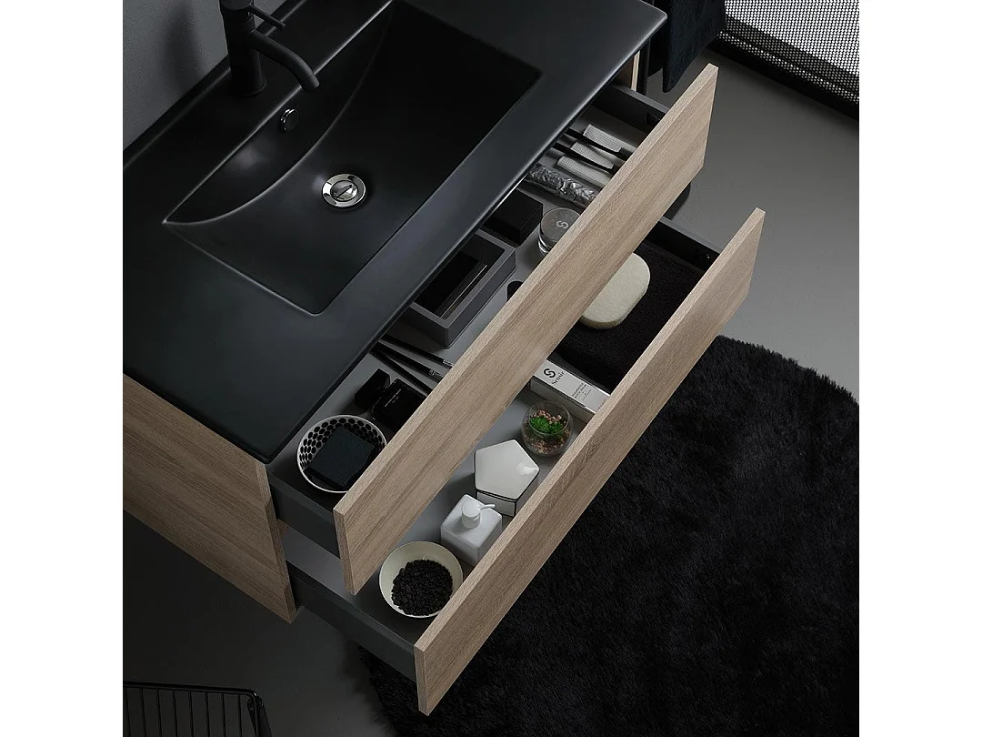 Meuble De Salle De Bains 90Cm 2 Tiroirs Chêne Avec Lavabo Noir, Miroir 90X70 Et Lampe | Berlin