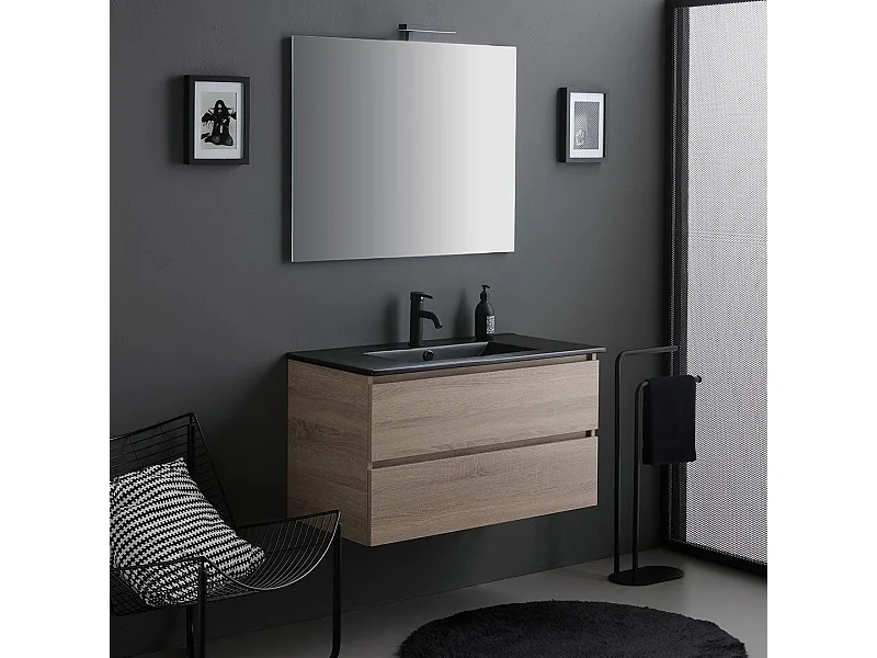 Meuble De Salle De Bains 90Cm 2 Tiroirs Chêne Avec Lavabo Noir, Miroir 90X70 Et Lampe | Berlin