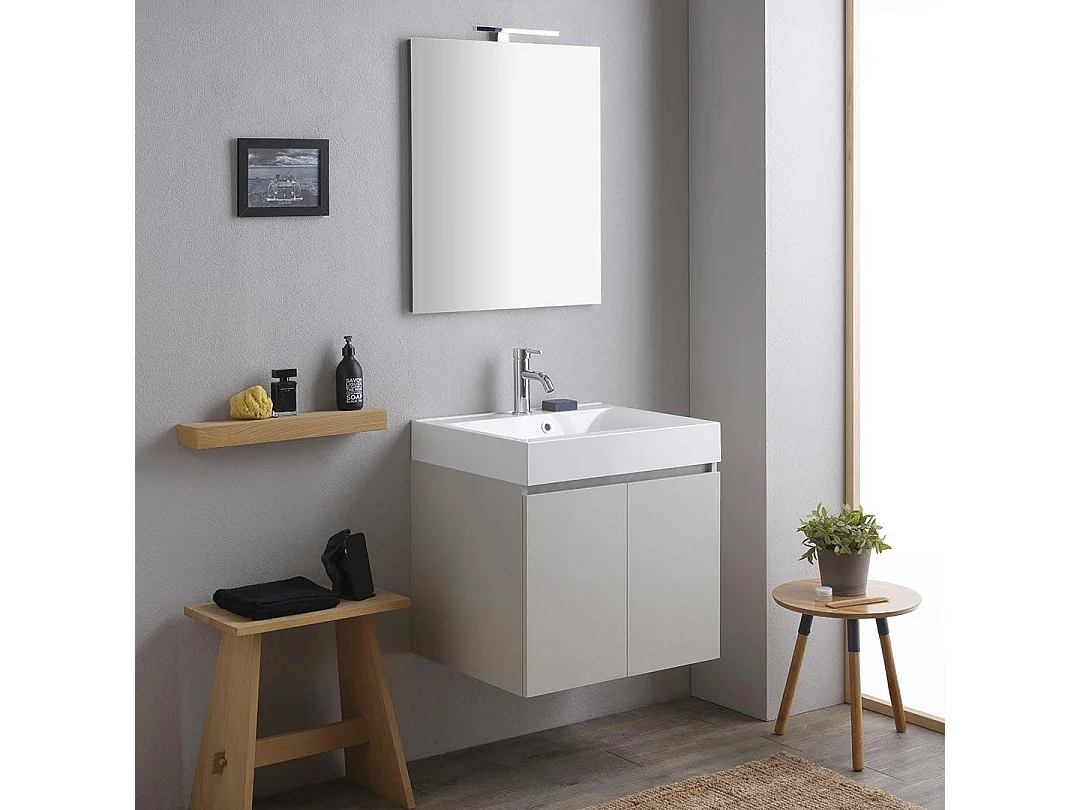 Meuble De Salle De Bains Suspendu 60Cm Portes Gris Perle, Lavabo, Miroir Et Lampe | Valentina
