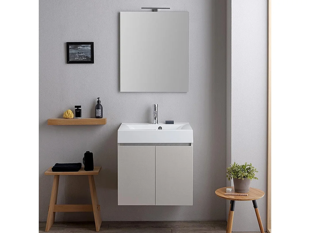 Meuble De Salle De Bains Suspendu 60Cm Portes Gris Perle, Lavabo, Miroir Et Lampe | Valentina