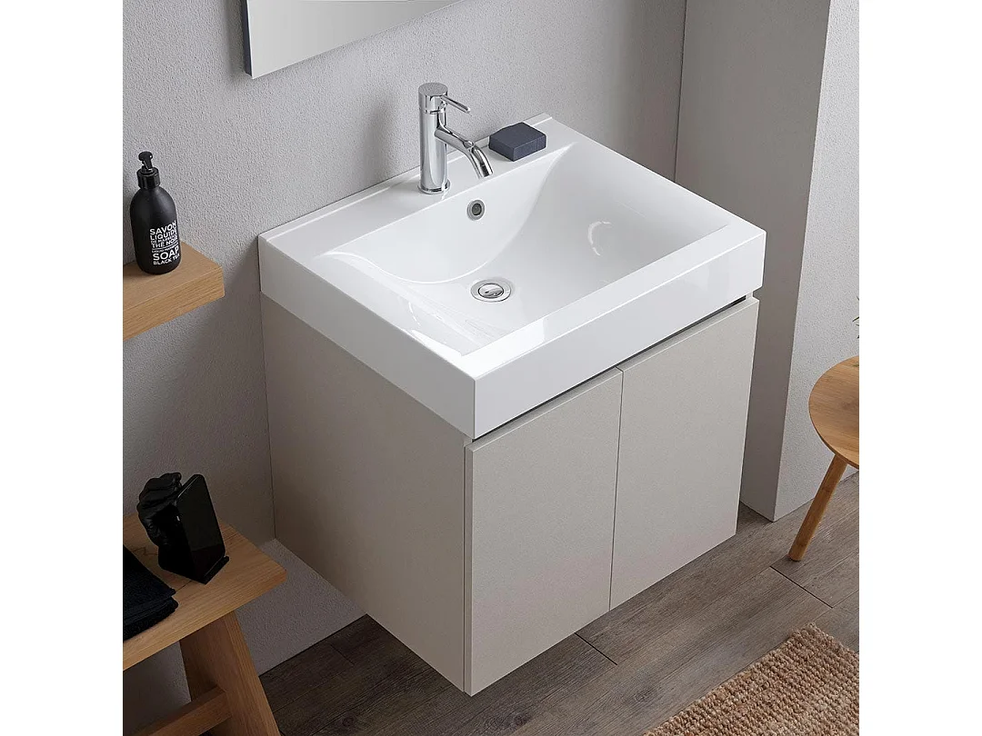 Meuble De Salle De Bains Suspendu 60Cm Portes Gris Perle, Lavabo, Miroir Et Lampe | Valentina