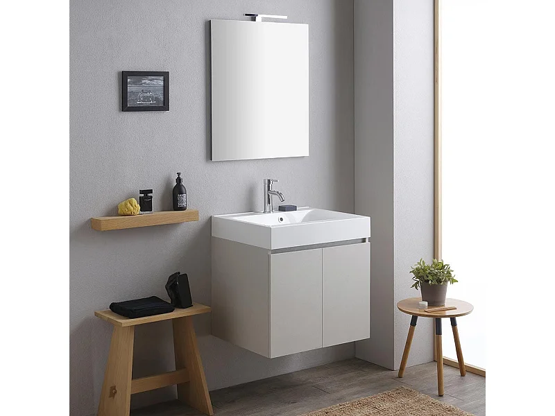 Meuble De Salle De Bains Suspendu 60Cm Portes Gris Perle, Lavabo, Miroir Et Lampe | Valentina