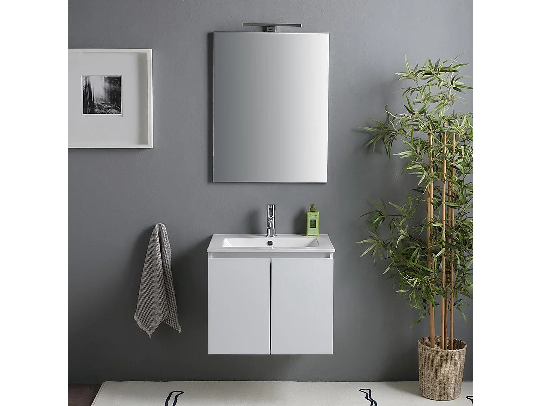 Meuble Salle De Bain 60 Cm Portes Blanc Brillant Avec Lavabo Et Miroir | Benaco