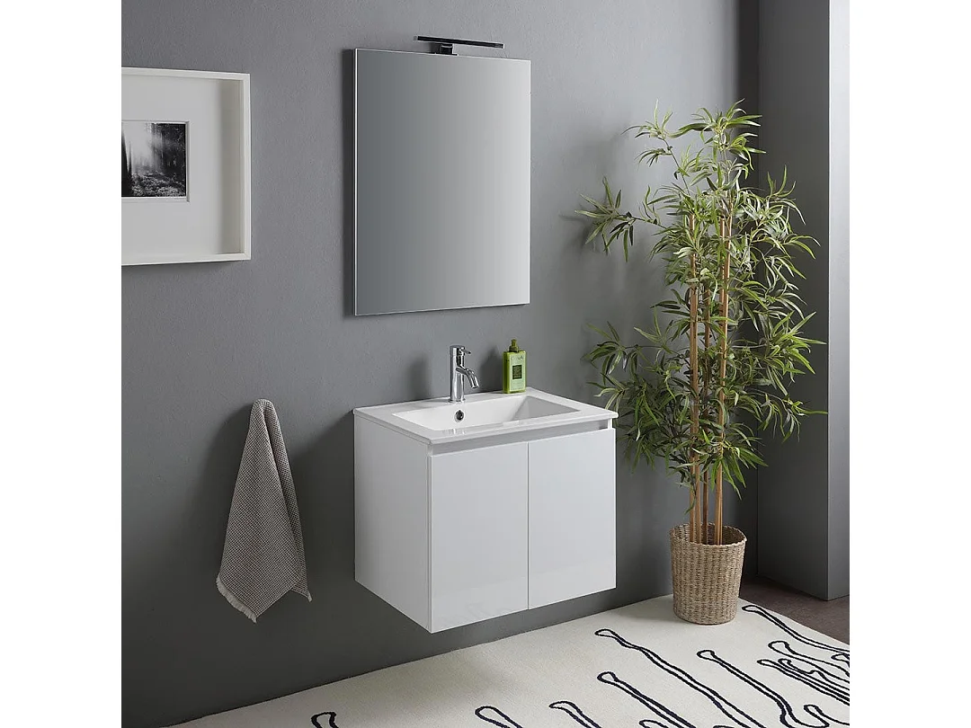 Meuble Salle De Bain 60 Cm Portes Blanc Brillant Avec Lavabo Et Miroir Avec Lampe  | Benaco