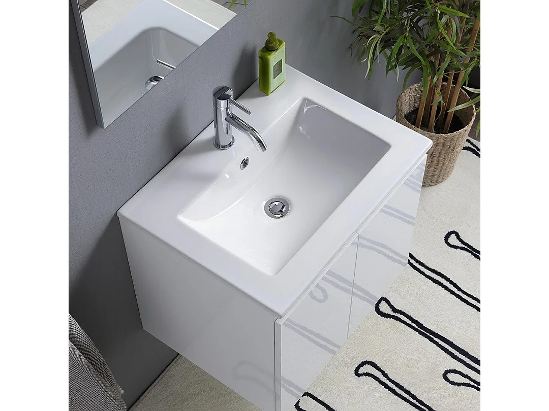 Meuble Salle De Bain 60 Cm Portes Blanc Brillant Avec Lavabo Et Miroir Avec Lampe  | Benaco