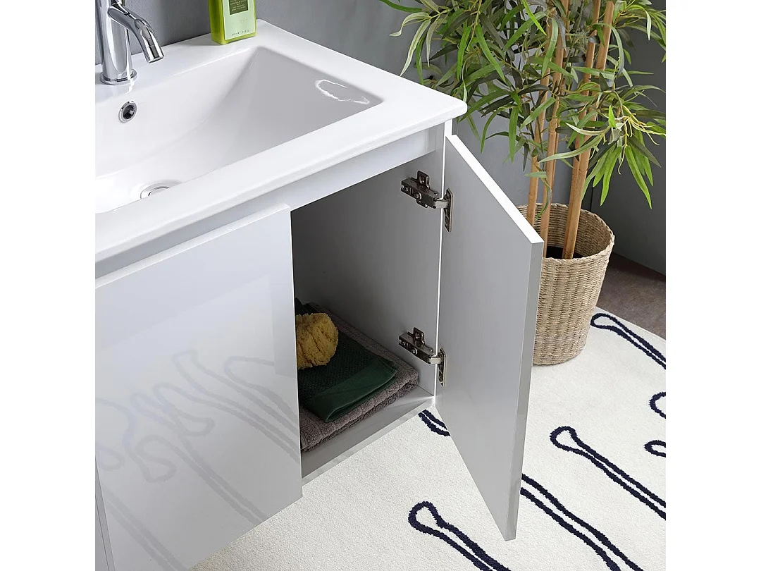 Meuble Salle De Bain 60 Cm Portes Blanc Brillant Avec Lavabo Et Miroir Avec Lampe  | Benaco