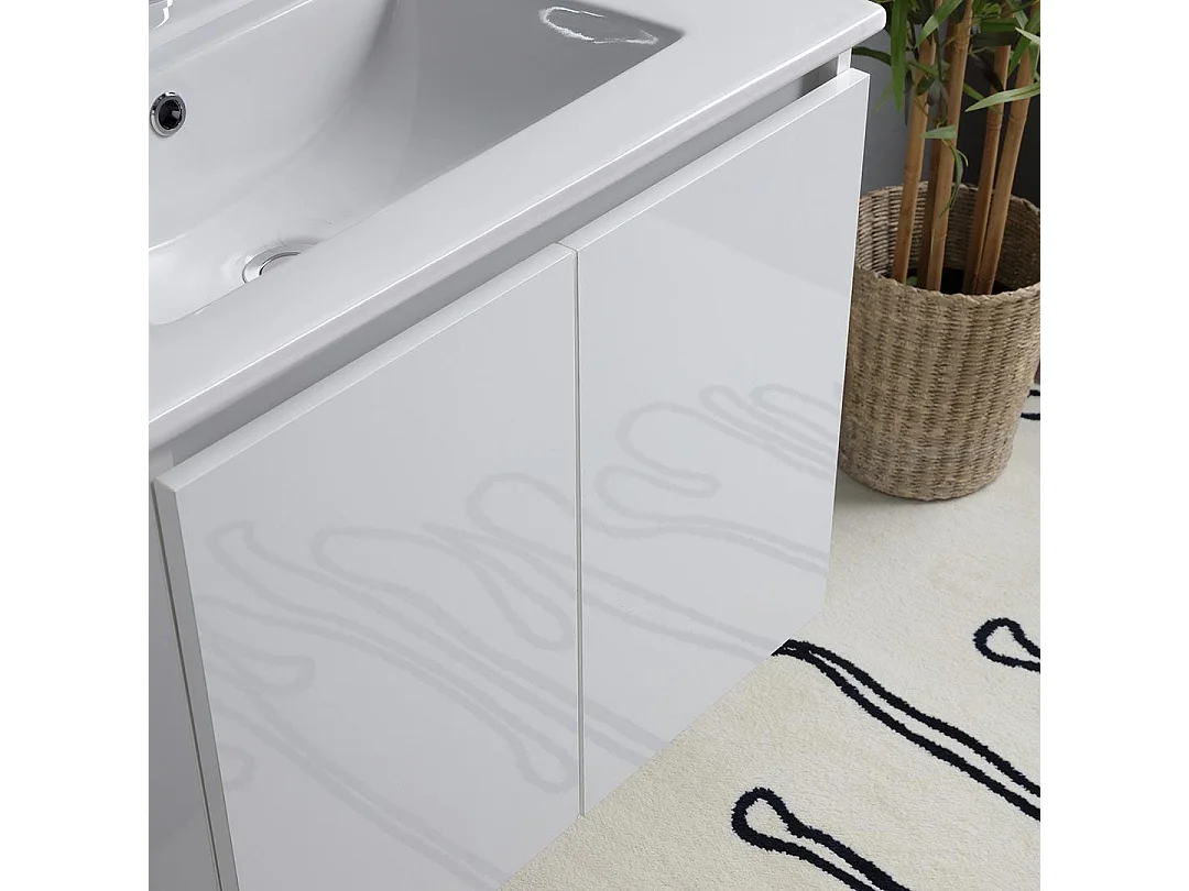 Meuble Salle De Bain 60 Cm Portes Blanc Brillant Avec Lavabo Et Miroir Avec Lampe  | Benaco