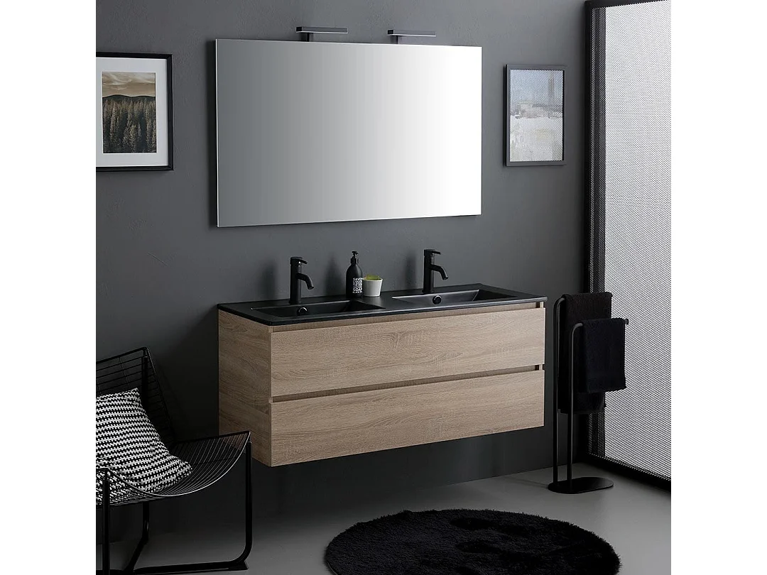 Meuble Salle De Bains Suspendu 120Cm Chêne Avec Lavabo Noir, Miroir Et Lampe | Berlin
