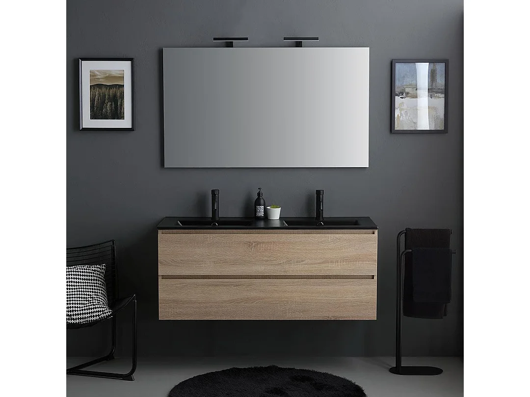 Meuble Salle De Bains Suspendu 120Cm Chêne Avec Lavabo Noir, Miroir Et Lampe | Berlin