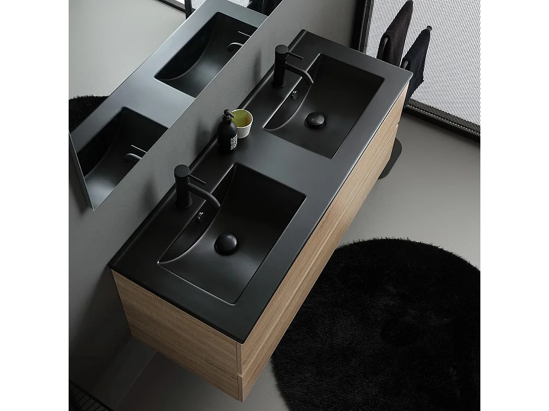 Meuble Salle De Bains Suspendu 120Cm Chêne Avec Lavabo Noir, Miroir Et Lampe | Berlin