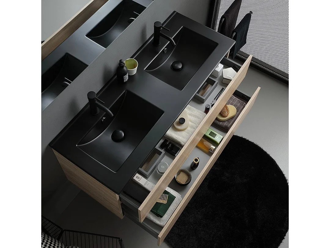 Meuble Salle De Bains Suspendu 120Cm Chêne Avec Lavabo Noir, Miroir Et Lampe | Berlin