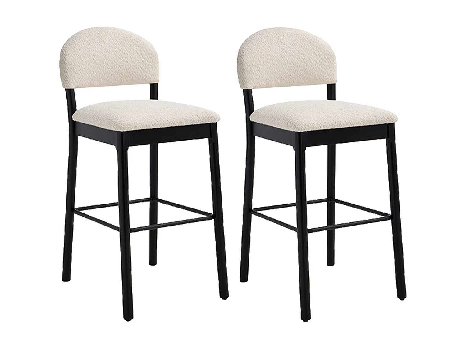 Lot de 2 tabourets en tissu bouclette et bois d'hévéa noir - Blanc - ZAPOLKA