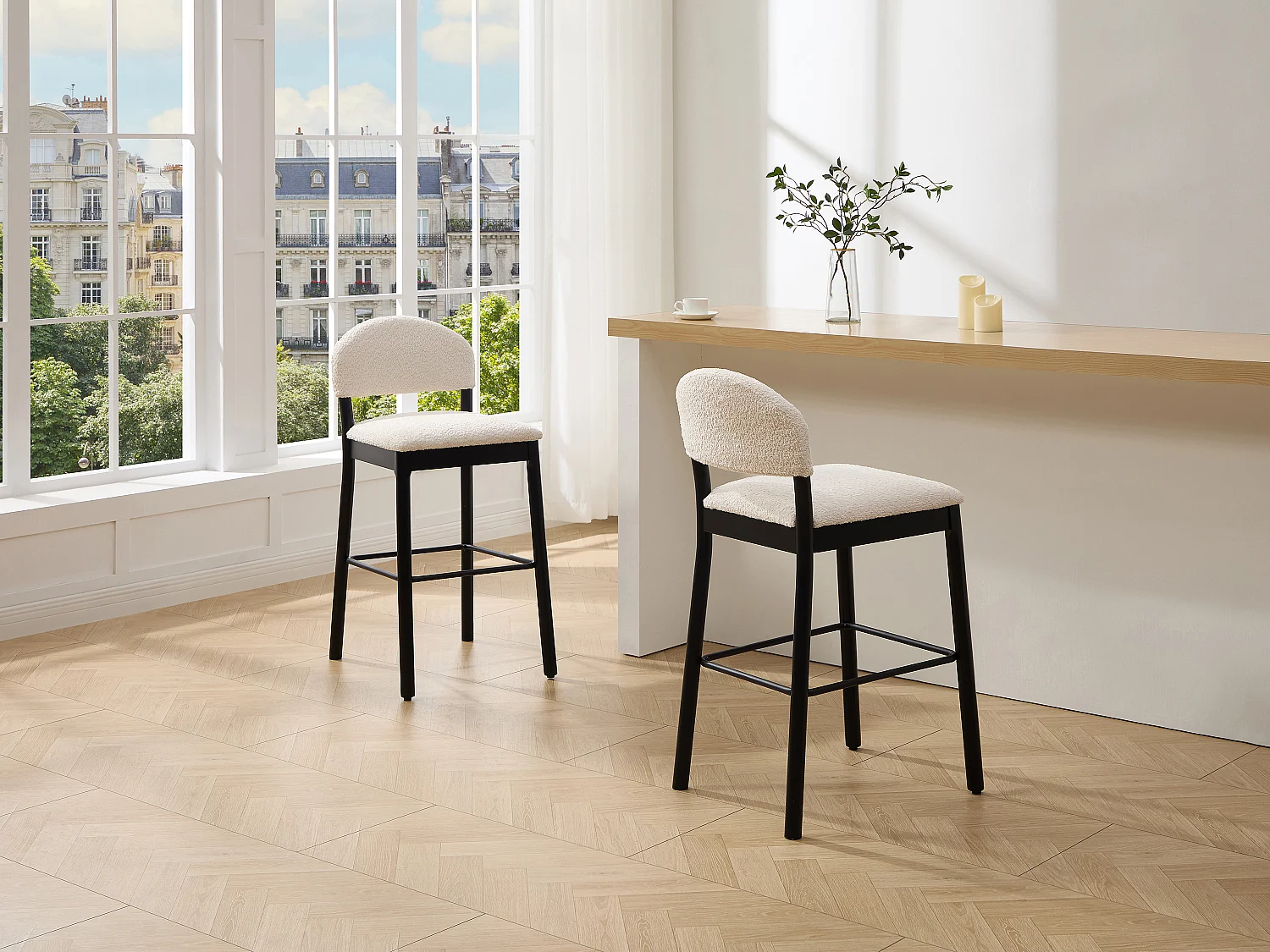 Lot de 2 tabourets en tissu bouclette et bois d'hévéa noir - Blanc - ZAPOLKA