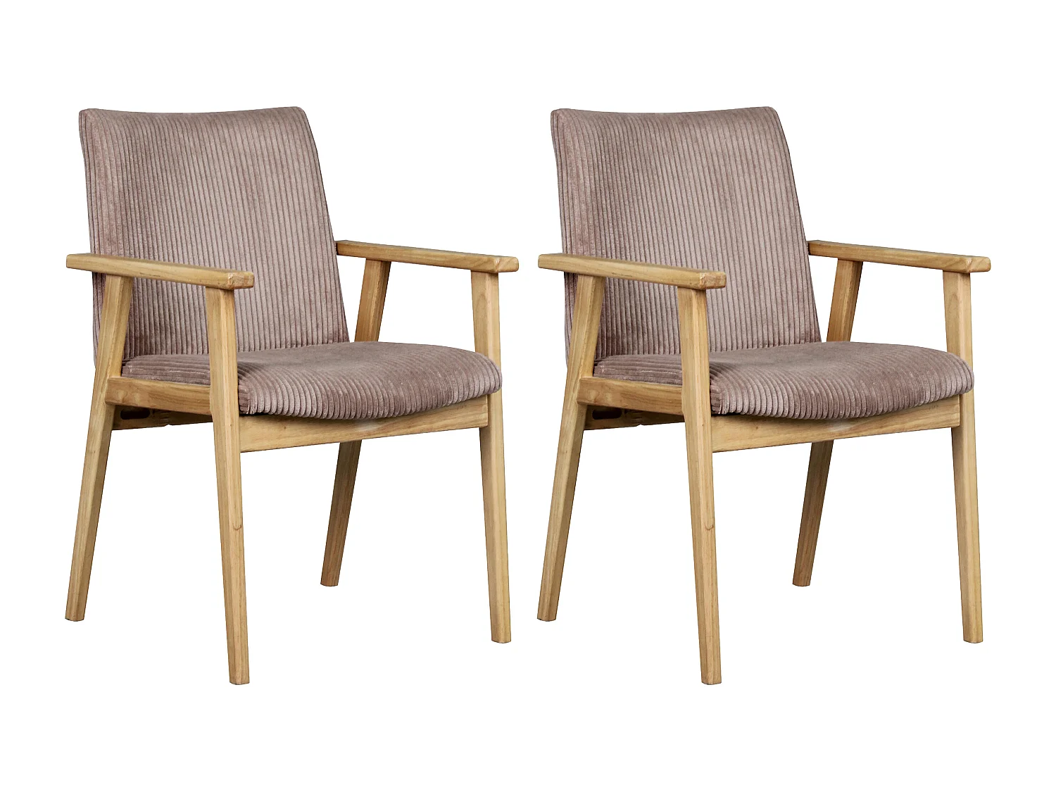 Lot de 2 chaises avec accoudoirs en velours côtelé et bois d'hévéa - Taupe - FILDON