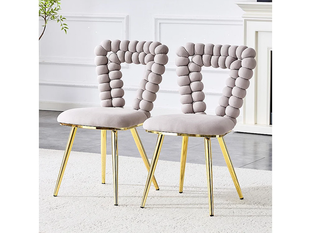 Chaises de salle à manger en velours (ensemble de 2) - dossier à découpe triangulaire, pieds en métal plaqué or, gris clair