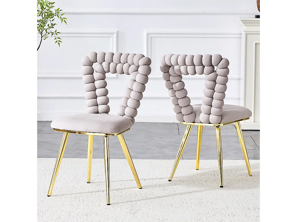 Chaises de salle à manger en velours (ensemble de 2) - dossier à découpe triangulaire, pieds en métal plaqué or, gris clair