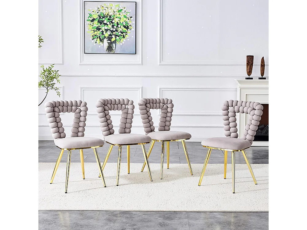 Chaises de salle à manger en velours (ensemble de 2) - dossier à découpe triangulaire, pieds en métal plaqué or, gris clair