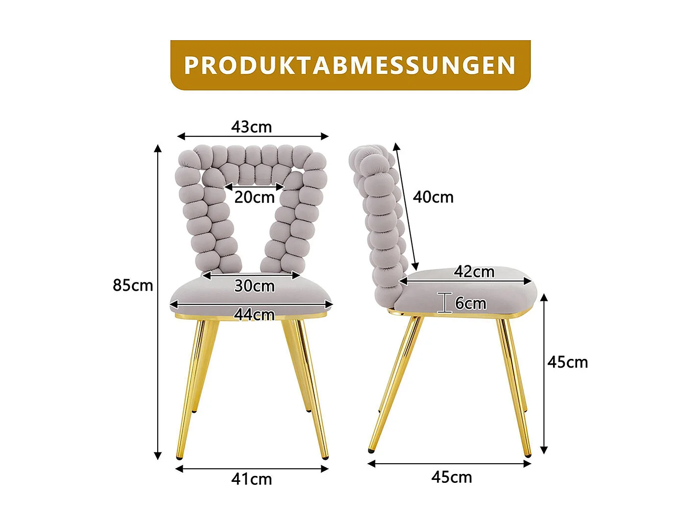 Chaises de salle à manger en velours (ensemble de 2) - dossier à découpe triangulaire, pieds en métal plaqué or, gris clair