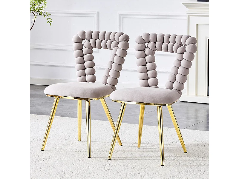 Chaises de salle à manger en velours (ensemble de 2) - dossier à découpe triangulaire, pieds en métal plaqué or, gris clair