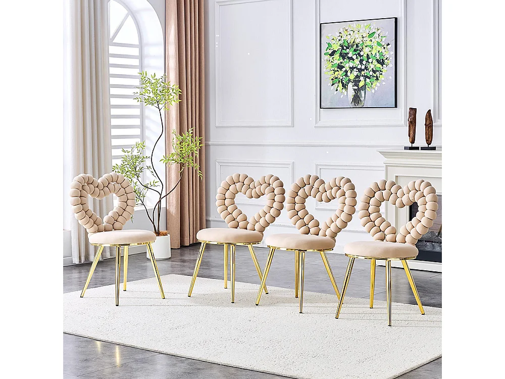 Chaises de salle à manger en velours (ensemble de 2), dossier à découpe triangulaire, pieds en métal peint en noir, Beige