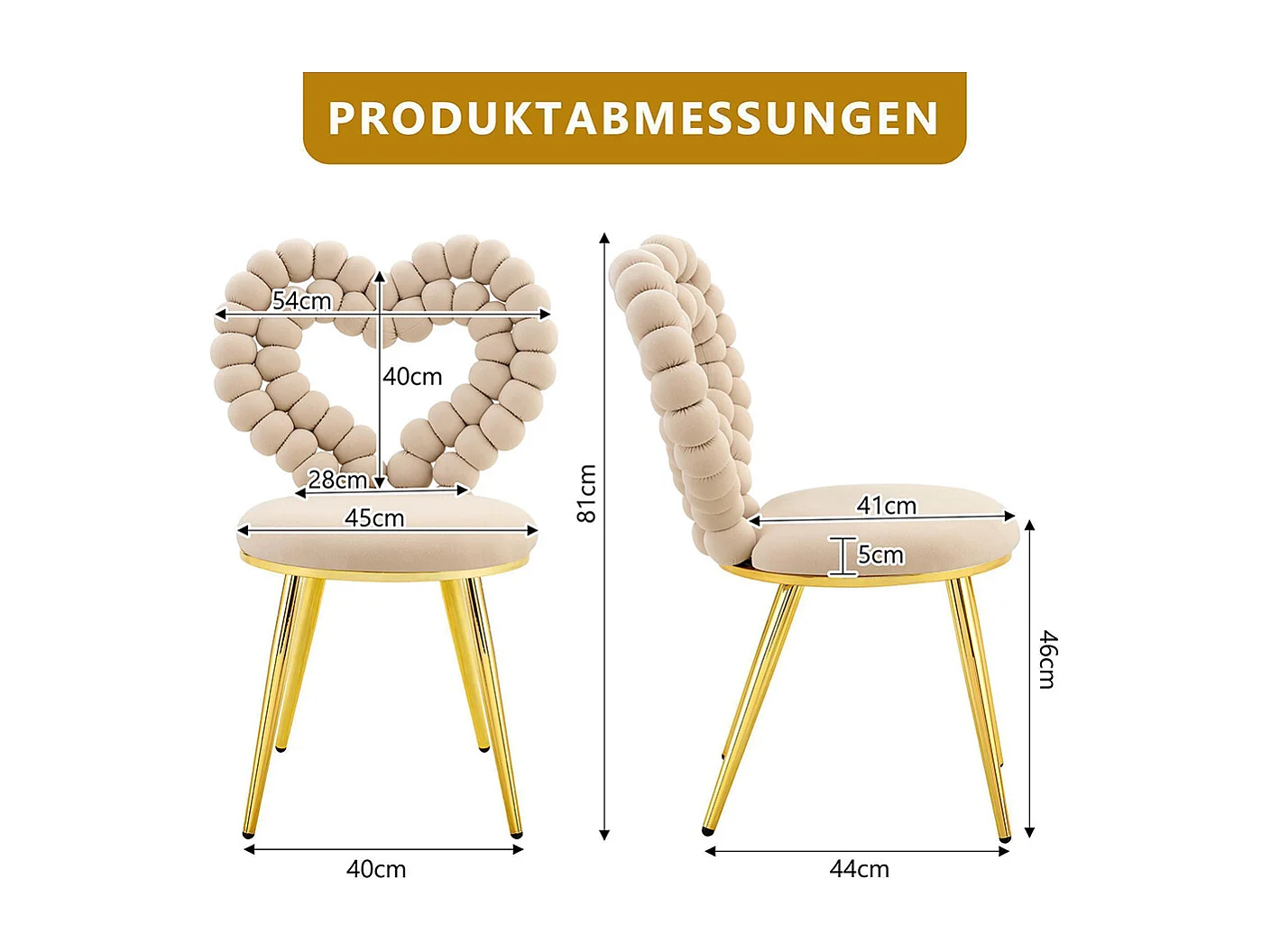 Chaises de salle à manger en velours (ensemble de 2), dossier à découpe triangulaire, pieds en métal peint en noir, Beige