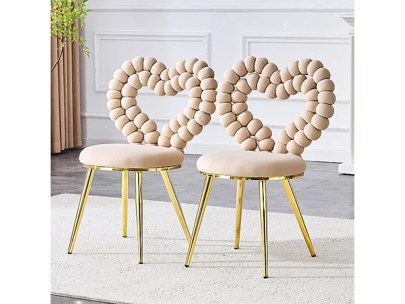Chaises de salle à manger en velours (ensemble de 2), dossier à découpe triangulaire, pieds en métal peint en noir, Beige