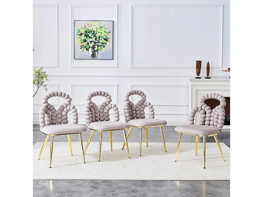 Chaises de salle à manger en velours (ensemble de 2) avec dossier à boules et chaînes, pieds robustes en métal plaqué or, gris clair