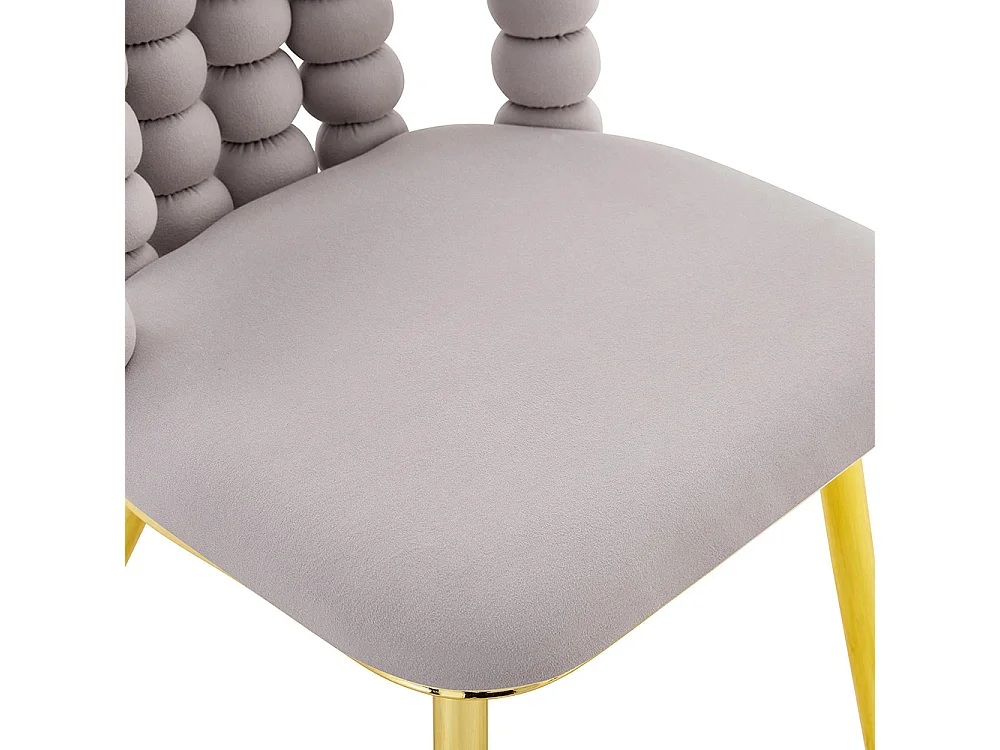 Chaises de salle à manger en velours (ensemble de 2) avec dossier à boules et chaînes, pieds robustes en métal plaqué or, gris clair
